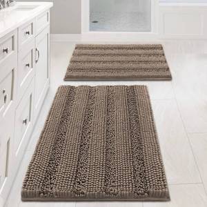 lot 5742 image: H.VERSAILTEX Bathroom Rugs Sets 2 Piece Non Slip Thick Shaggy Chenille Bathroom Rug Mat Set Extra Soft and Absorbent Striped Floor Rugs, Machine-Washable, Taupe Brown