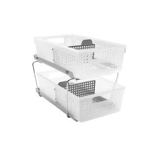 lot 5745 image: madesmart 2 Tier Bath Organizer, Undersink Storage with Sliding Drawers, for Cleaning Supplies, Pantry, Sponges, Bottles & Kitchen Essentials, Adjustable Dividers & Pull Out Sliding Baskets, Frost