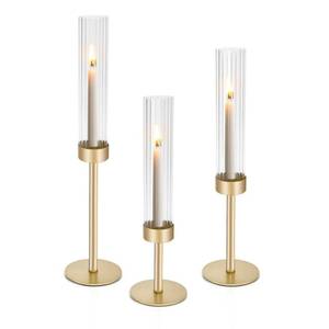 lot 5748 image: Gold Hurricane Glass Candle Holders Cadhodenm Tall Glass Candlestick Holder for Wedding Set of 3 Brass Taper Candle Holders Modern Candle Sticks Holder for Table Centerpiece Party Christmas Home