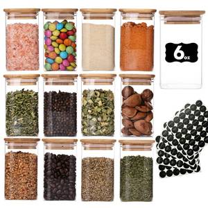 lot 5752 image: 6oz Glass Spice Jars with Bamboo Lid and Label, 12 Pack Square Glass Container, Small Food Storage Containers for Kitchen, Clear Empty Seasoning Jar for Sugar, Salt, Coffee Bean, Herb, Borosilicate