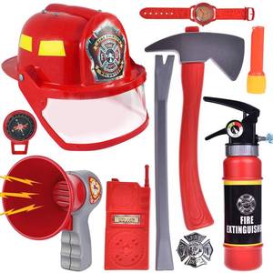 lot 5757 image: Liberty Imports 10 PCs Fireman Gear Firefighter Costume Role Play Career Dress Up Starter Toy Accessories Pretend Play Set with Helmet, Tools for Kids, Toddlers
