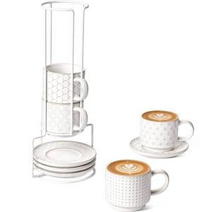 lot 5766 image: LE TAUCI Stackable Cappuccino Cups with Saucers and Stand, Set of 4, 6 oz Ceramic Coffee Cup Set for Espresso Au Lait, Flat White, Tea, Americano, Dishwasher & Microwave Safe, Embossed, White