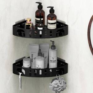 lot 5791 image: DivaDwell Depot Adhesive Corner Shower Shelf No Drill  Rust-Proof Aluminum Alloy Stick On Bathroom Organizer with Shaving Holder for Shampoo, Conditioner, Soap, Razors Black 2Pack