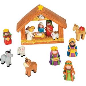 lot 6040 image: Fun Express Mini Christmas Nativity Set Stable with Jesus Mary Joseph Wisemen - 9 Pieces Red, Blue, Green, Beige, Brown