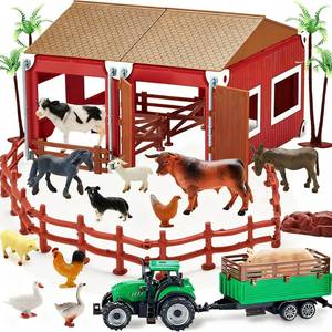 lot 6046 image: Mini Toy Barn Farm Toys Playset, 66PCS Plastic Farm Animals Figurines and Fence Farm Playset, Farm Figures Farmer Vehicle Toy Truck with Trailer for 3-12 Years Old, Christmas Birthday Gifts for Kids incomplete