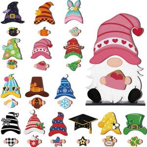 lot 6071 image: Blulu 32 Pcs Interchangeable Wooden Gnome Decor Valentines St. Patricks Day Easter Holiday Seasonal Tiered Tray Decor Gnomes with Magnet Pieces Welcome Sign for Holiday Decorations (Cute)