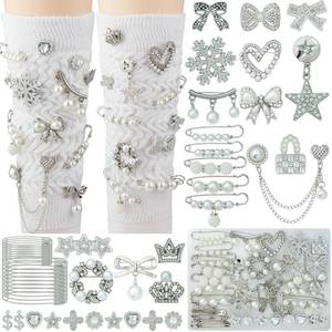 lot 6097 image: DoDoBeads 55 Pcs Silver Shoe Charms for Sneakers, Silver Junk Socks Charms Kit, Pearl and Rhinestone Sock Charm with Safety Pins, DIY Accessories for Decorating and Personalizing Socks Shoes Hats