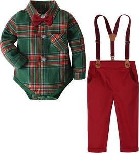 lot 6104 image: A&J DESIGN Christmas Outfits for Boys Infant Baby Suits Suspender Formal Pants Set 6-9 Months Plaid Green and Red