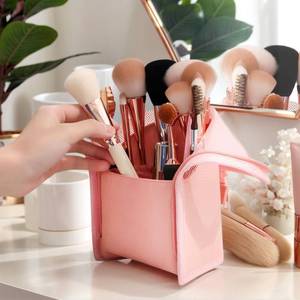 lot 6173 image: Standing Makeup Brush Holder Travel Cosmetic Organizer with Large Capacity and Mesh Design for Easy Storage, Pink