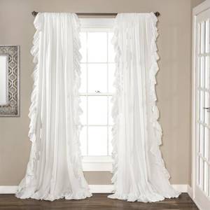 lot 6443 image: Lush Decor Reyna Ruffle Window Curtain Panel Set, Pair, 54 W x 84 L, White - Flowy Curtain Set - Romantic Ruffle Curtains for Bedroom, Living room, or Dining Room - Farmhouse & Cottage Home Decor has small stains will need clean