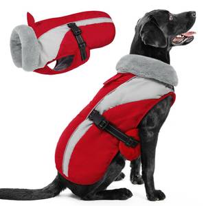 lot 6450 image: Queenmore Winter Dog Coat, Parka Jacket for LargeExtra Large Dogs, Extra Warm Padding Fleece Puffy Jacket Outdoor Waterproof Cold Weather Coats, RedGrey XL