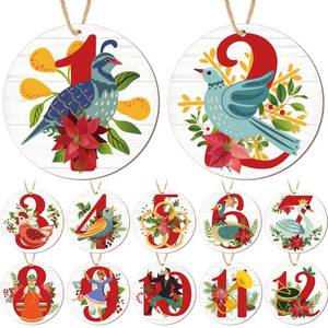 lot 6464 image: Taiyin 12 Days of Christmas Ornaments Vintage Wooden Christmas Tree Ornaments Christmas Classic Song Hanging Decorations for Holiday Party Decoration Rustic