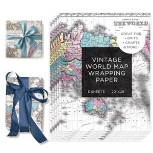 lot 6473 image: Journo Vintage Wrapping Paper Sheets �� Travel Gift Wrap with Old World Map Design, 5 Large Gift Wrap Sheets, Premium Map Wrapping Paper for Birthdays & Holidays, 27 x 39 Inches