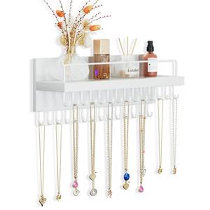 lot 6486 image: Lolalet Necklace Holder Hanging Necklace Organizer Wall Mounted Jewelry Organizer with 28 Hooks and Perfume Shelf, Wood Necklace Hanger Rack for Bracelets -White