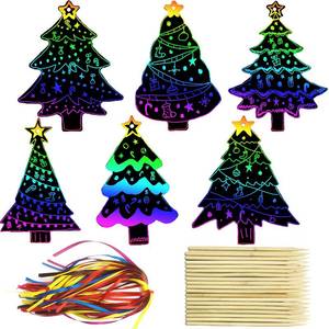 lot 6492 image: PARSUP 72Pcs Christmas Tree Scratch Paper Rainbow Color Scratch Ornaments Christmas Decorations Hanging Craft Art Kits with Wooden Stick and Ribbon for Kids Christmas Winter Party Favors