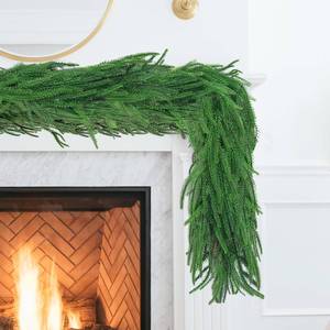 lot 7524 image: 2 Pcs 9 Ft Norfolk Pine Garland, Artificial Dense Christmas Garland Ornaments, Real Touch Greenery Garland for Fireplace, Stairs, Table, Mantle, Wall, Indoor, Outdoor Christmas Decorations