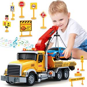 lot 7533 image: SpringFlower 15 Large Tow Truck Toy, Toy for 3 4 5 6 Years Old Boy Toddlers, Truck Vehicle with Racing Car, Traffic Signs, Working Hook, Light Sound,Easter Basket Stuffers,Birthday Easter Gift