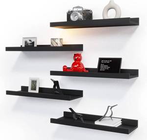 lot 7550 image: RICHER HOUSE 5 Set Floating Wall Mounted Shelves, Black Shelves for Wall Decor, Modern Picture Ledge Shelf with Lip for Storage, Nursery, Bedroom, Living Room, Bathroom - Black