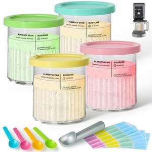 lot 7555 image: 4 Pack Creami Deluxe Pints & Lids for Ninja, 24 Oz Compatible with NC500 NC501 Series Ice Cream Makers, with 5 Spoons & 64 Writable Labels, BPA-Free & Dishwasher Safe, 4 Color Lids