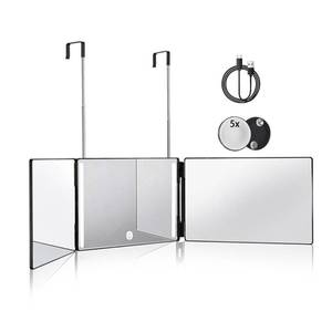 lot 7572 image: HIEEY 3 Way Mirror for Hair Cutting with LED,360 Trifold with Height Adjustable Telescoping Hooks,and 5X Magnification,for Makeup and Styling (Black)