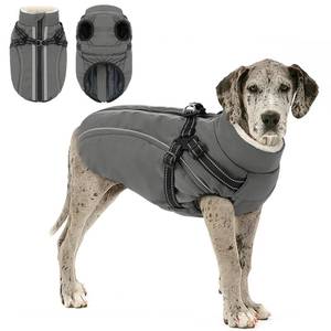 lot 7574 image: Dog Winter Coat with Harness Built in Warm Puffer Dog Jackets for Small Medium Large Dogs Windproof Waterproof Outfit with Plush Lining and Reflective Stripes (Grey, 2XL)