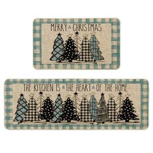 lot 7594 image: Artoid Mode Blue Buffalo Plaid Xmas Tree Merry Christmas Kitchen Mats Set of 2, Winter Home Decor Low-Profile Kitchen Rugs for Floor - 17x29 and 17x47 Inch