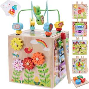lot 7597 image: Wooden Activity Cube  Montessori Toys for 1 2 3 Year Old Toddlers  One Year Old 1st 2st First Birthday Gift  Educational Toys for 12 Months Baby Boys Girls  Bonus Sorting & Stacking Game (Blue)