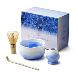 lot 7598 image: Natural Crystal Flower Matcha Set - 4 Pcs Food Grade Matcha Kit with Spouted Bowl, Matcha Whisk, Scoop and Chasen Holder - Matcha Tea Ceremony Gift for Matcha Lovers (Mist Azure)