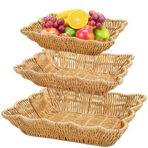 lot 7602 image: Jucoan 3 Pack Poly Wicker Bread Baskets, Imitation Rattan Fruit Baskets, Rectangular Tabletop Woven Serving Baskets Trays for Fruits Vegetables and Snacks, Restaurant Hotel Kitchen
