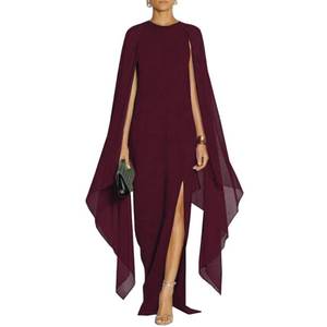 lot 8047 image: MAYFASEY Womens Flare Chiffon Sleeve High Split Formal Evening Gown Maxi Dress with Cape Wine Red S