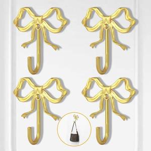 lot 8423 image: XHIPY 4 PCS Large Size Gold Bow Wall Hook, Gold Coat Hook, Metal Hooks, Bow Room Decor Hooks for Coats, Coffee Mugs, Hats, Bags, Bath Towels and Room Decorations