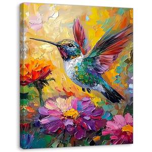 lot 8441 image: Colorful Hummingbird Canvas Wall Art, Spring Flower Oil Painting Poster Wall Decor, Cute Humming Bird Picture for Wall Living Room Bathroom Bedroom Home Decoration 1216 IN(Stretched Canvas on A Wooden Frame)