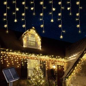 lot 8442 image: Newhale 30.5FT Solar Christmas Icicle Lights for Outside, 8 Modes Snowflake & Star Eaves Christmas Decorations, Waterproof Outdoor Solar String Lights Decor for Gazebo, Patio (Warm White)