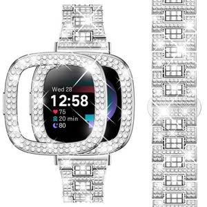 lot 8453 image: Dsytom Bling Watch Band Compatible with Fitbit Versa 4 BandsFitbit Sense 2 Bands with Rhinestone Protective Case Cover for Women(Silver)