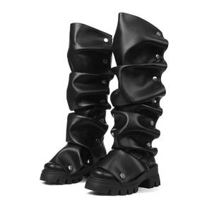 lot 9011 image: femflame Platform Boots Fold Over Knee High Boots Slouchy Ruched Stacked Heel Round Toe Boot Pull On Leather Wide Calf Tall Fall Long Boot