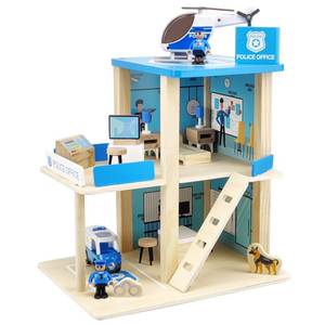 lot 9012 image: Wooden Police Station Playset Toy, Multicolor 3-Level Pretend Play Dollhouse Set with Figures, Car, Helicopter and Accessories, Preschool Learning Educational Toys for Toddlers Kids Age 3 and up