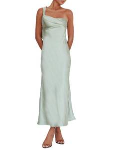 lot 10010 image: 2025 Satin One Shoulder Maxi Dress for Women Summer Silk Formal Elegant Backless Ruffle Sleeveless Wedding Guest Dresses Sage small