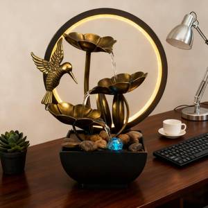 lot 10029 image: AOZITA Tabletop Fountain, Indoor Waterfall Fountain, Small Home D�cor Zen Relaxation Soothing Sound Machine for Office, Living Room, or Bedroom, Bronze Metal Lotus with HBird, River Rocks, Round LED