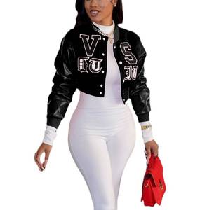 lot 12382 image: THLAI Women Varsity Jacket Button Down Cropped Faux Leather Jacket Letter Embroidery Jacket Short Baseball Outwear medium