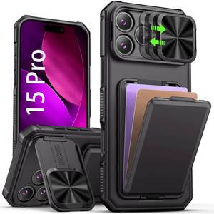 lot 12386 image: SSLOTSCASE for iPhone 15 Pro Case with Card Holder & Stand, Dark Black