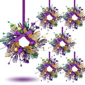 lot 13601 image: 6 PCS Mardi Gras Purple and Green Glitter Mini Cabinet Wreaths for Front Door Carnival Party Decor Wreath Mardi Gras Hanging Garlands Candle Rings for Front Door Home Window Chair Wall Indoor Outdoor