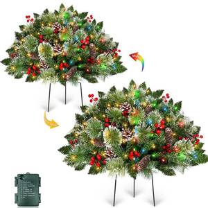lot 13630 image: 2 Pack 24 Lighted Christmas Tree Outdoor Urn Filler with Timer 8 Modes Warm White & Multi-Color Change Lights Snowy Pinecone Berries Tripod Stake Xmas Trees Planter Filler Christmas Decor Yard Porch