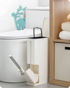 lot 13635 image: Baffect 2 Liter White Slim Bathroom Trash Can with Lid and Toilet Brush Holder