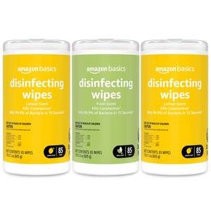 lot 13653 image: Amazon Basics Disinfecting Wipes, Lemon & Fresh Scent, SanitizesCleansDisinfectsDeodorizes, 255 Count (3 Packs of 85)