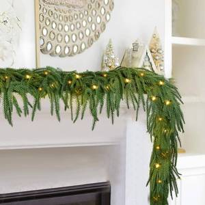lot 13662 image: 2PCS 6FT Norfolk Pine Garland with 60 Lights, 80 Pine Branches, Realistic Christmas Garland Holiday Greenery for Table Mantle Wall Christmas Decorations