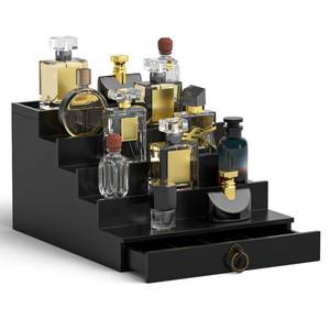 lot 13681 image: LOYUDEQIU Cologne Organizer for Men - 5-Tier Perfume Display Stand with Drawer, Premium Black Wood Storage for Fragrance Collection, Ideal Gift for Men (Black)