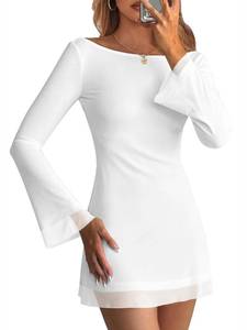 lot 14028 image: Caracilia Womens Bell Long Sleeve Mini Dresses Boat Neck Mesh Party Floral Date Night Short Dress 2026 Fall Sexy Y2K Clothes White Medium
