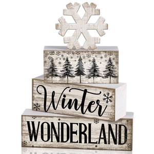 lot 14043 image: Lineshading 4 Pcs Winter Table Decorations Wooden Snowflake Decor Winter Tiered Tray Decor Rustic Snow Block Signs Gift Farmhouse Christmas Centerpiece for Wonderland Party Kitchen Home