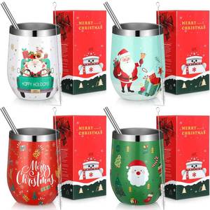 lot 14072 image: Umigy 4 Pcs Christmas Wine Tumbler with Straw Lid and Brush 12 oz Christmas Insulated Stainless Steel Tumbler Cups Travel Coffee Mug for Xmas Party Favor(Cute Style)
