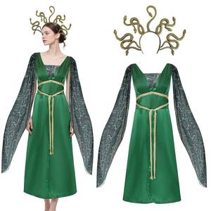 lot 14469 image: Medusa Costume Women, Medusa Outfit Halloween Queen Cosplay Greek Goddess Green Dress with Golden Headpiece for Adult (Medium)